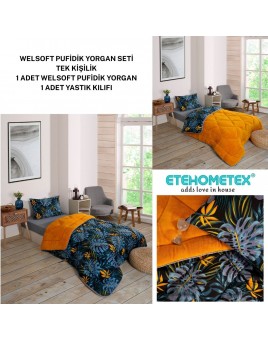 ETE HOMETEX TEK KİŞİLİK LÜX WELSOFT YORGAN SETİ MONESTERA HARDAL 155X215CM 8696474231960